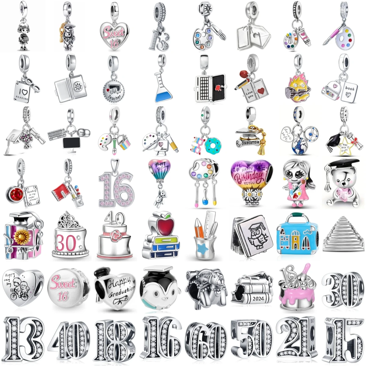 Birthday Graduation Charms Silver European Beads Number Book Paint Dangle Pendant Fit DIY Jewelry Making Gift