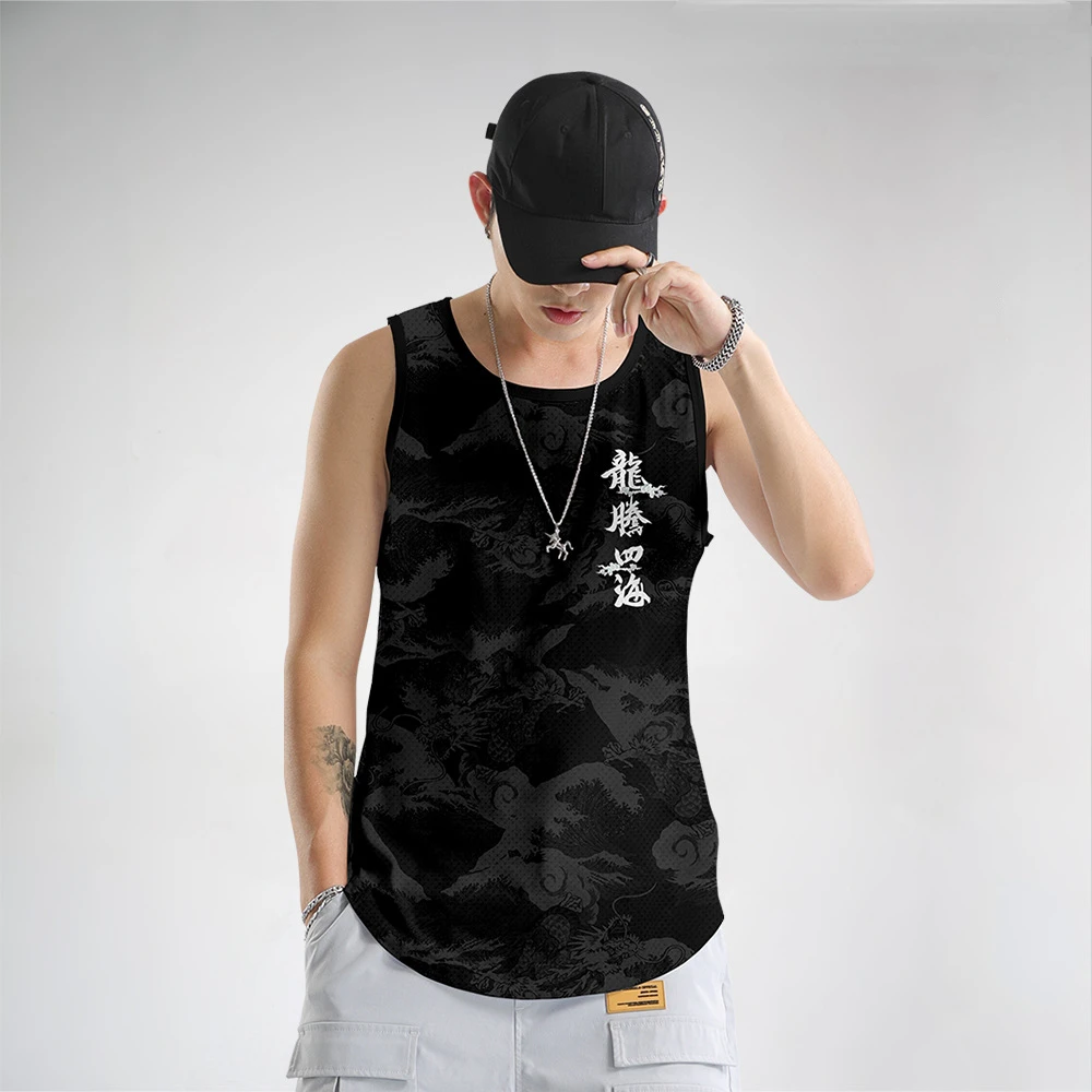 Chinese Style Dragon Soaring Four Seas Print Summer Beach Vest Men Mesh Top Bodybuilding Gym Muscle Fitness Sleeveless Tank Top