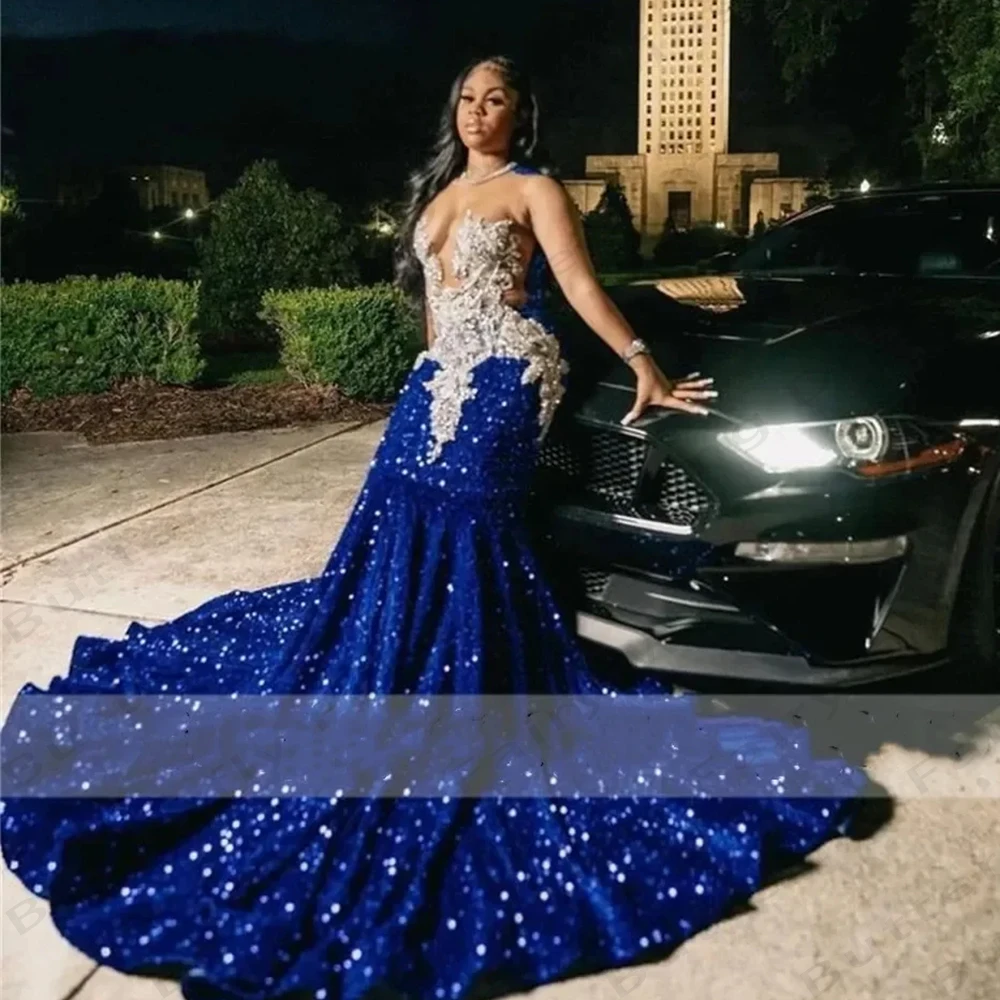 Royal Blue Women's Evening Dresses Glitter Sexy Sleeveless Mermaid Princess Prom Gowns Arab Dubai Formal Beach Cocktail Party