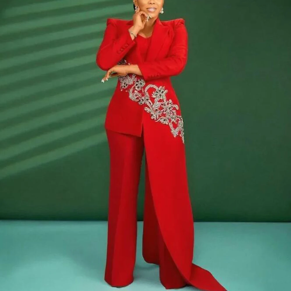 

Customized Red Fashion Women Pants Suits 2 Pieces Slim Fit Crystal Beads Prom Evening Party Tuxedos Mother Of Bride Dresses 2025