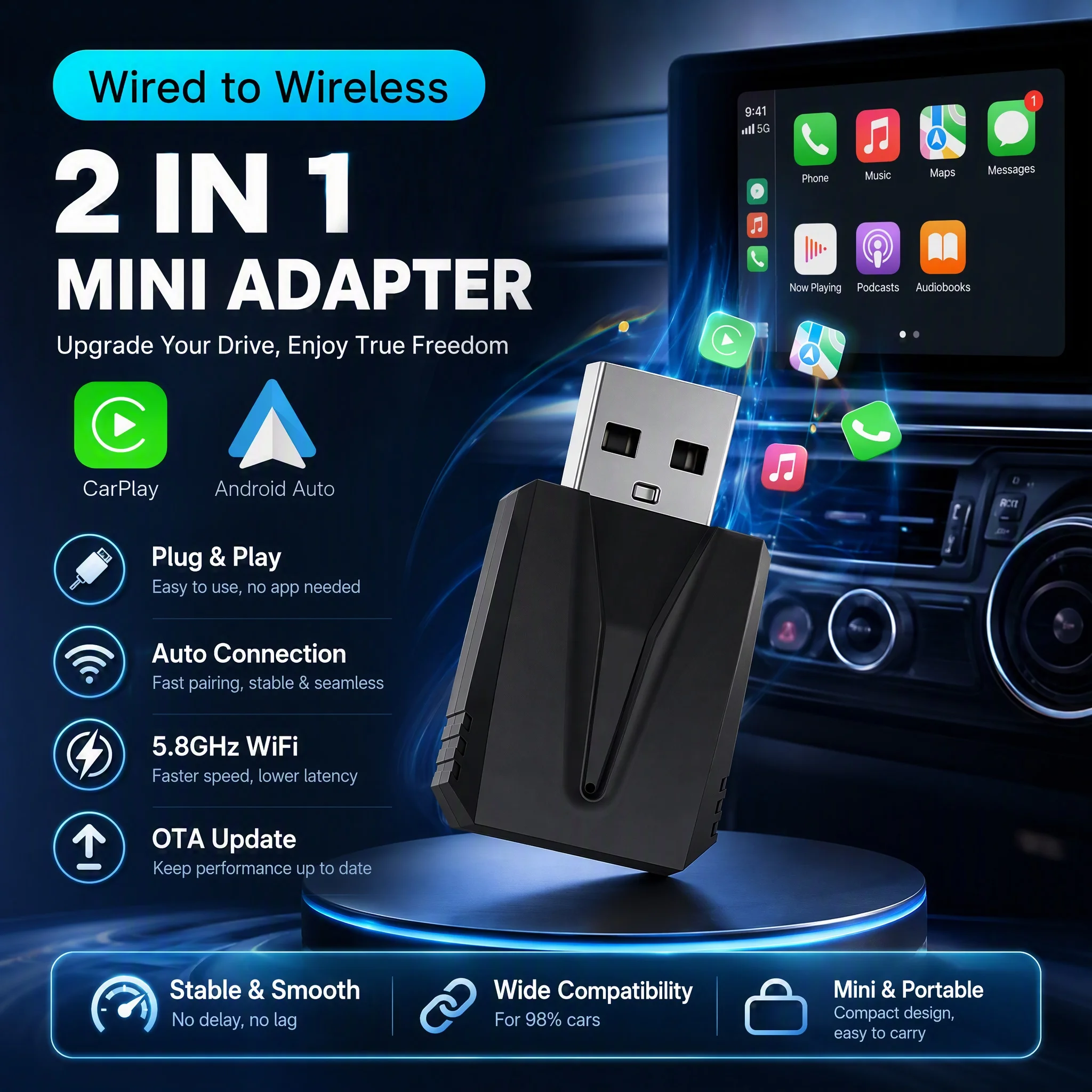 NEW Super Mini Carplay AI Box Wired to Wireless CarPlay/Android Auto 2in1 Box 5GHz WiFi5 for 99% Original Wired CarPlay/Auto Car