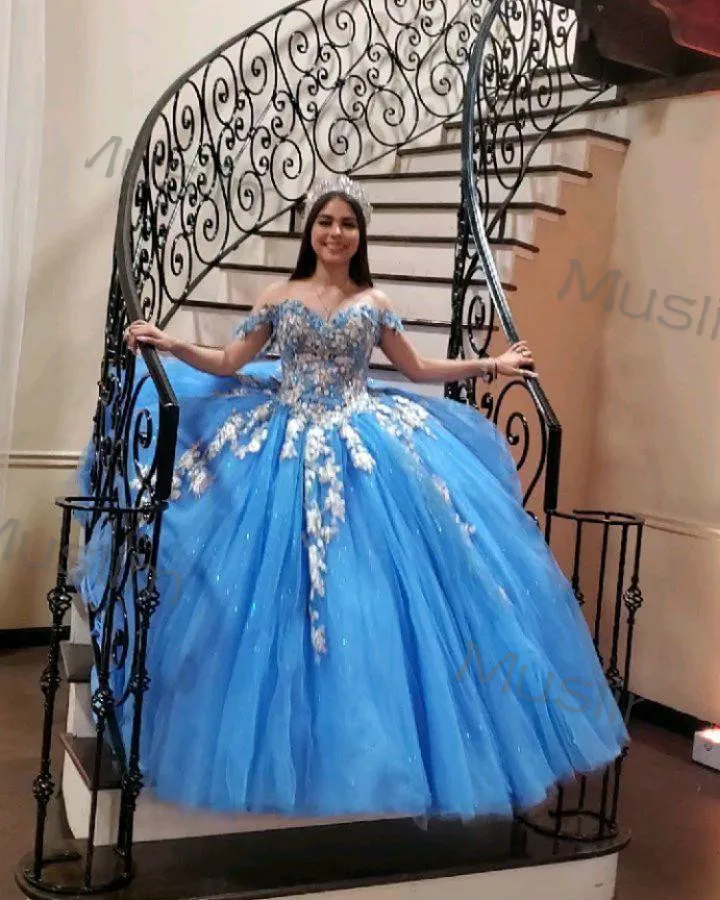 Classy Blue Appliques Quinceanera Gaun 2021 Lengan Glitter Korset Gaun Bola Gaun Prom Ulang Tahun Yang Indah Kontes