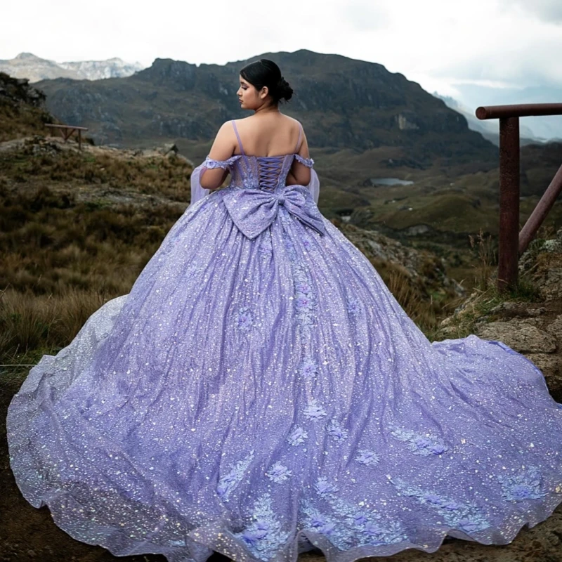 

Lavender Shiny Quinceanera Dresses Off Shoulder Ball Gown Sweet 16 Dress Applique Lace Beading Crystal Bow Tull Birthday Party
