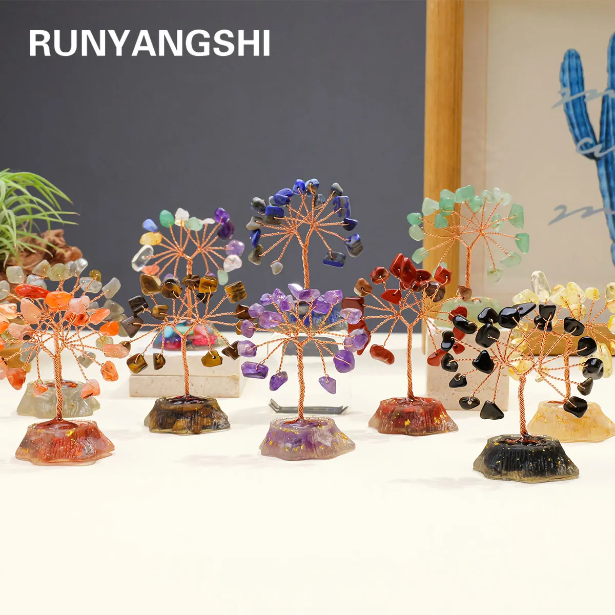 1PC 7 Chakra Healing Natural Stones Resin Healing Mini Crystal Tree Home Office Desk Living Room Feng Shui Decora for Good Luck