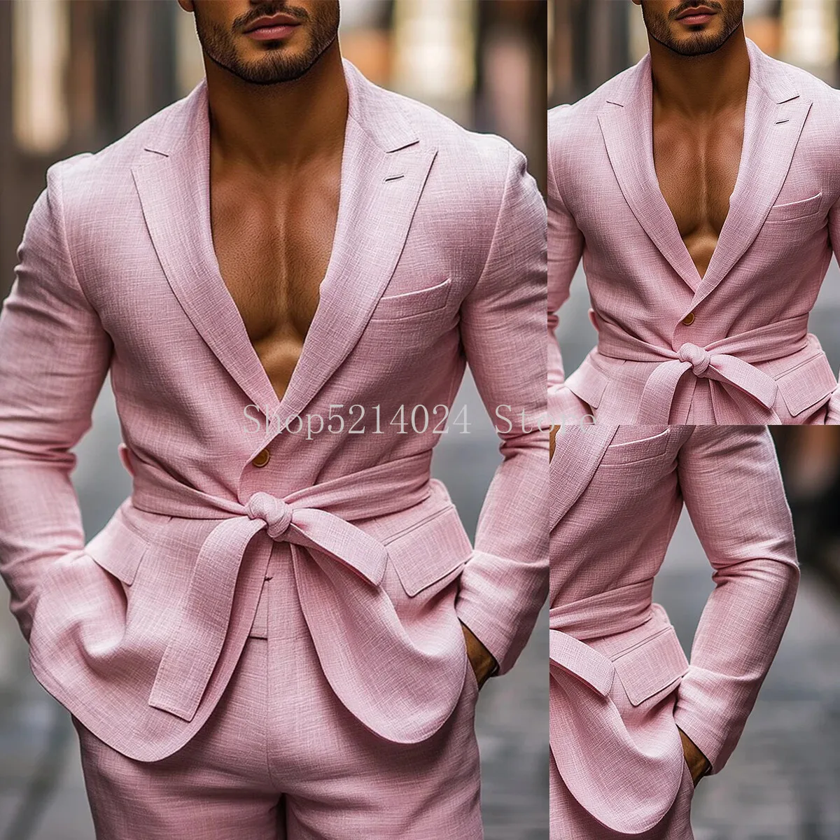 Men's Linen Suits Slim Fit Peak Lapel Business Outdoor Casual Single Breasted