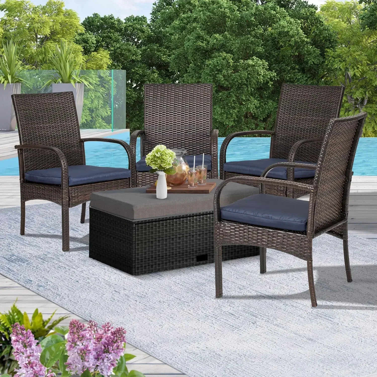 Wicker Patio Dining Padded Cushions, Outdoor Rattan Chairs Armrest Support