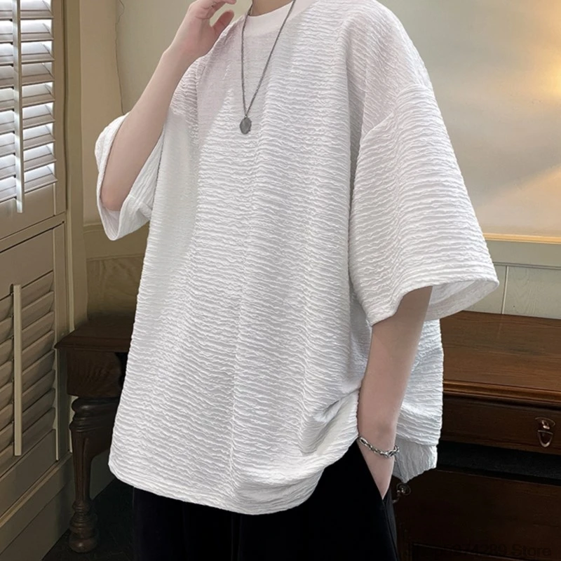 Summer Striped Texture T Shirt Men Korean Style Short Sleeve Loose  Fashion Casual Easy-care Tshirt Oversized  shirts for men