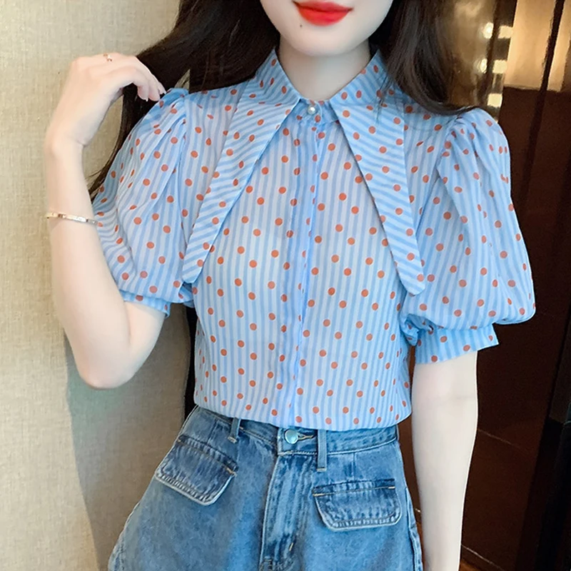 Fashion Summer Polka dot Print Elegant Shirts Loose Turn down Collar Short Puff Sleeve Blouses Vintage Casual Blue Tops 27484