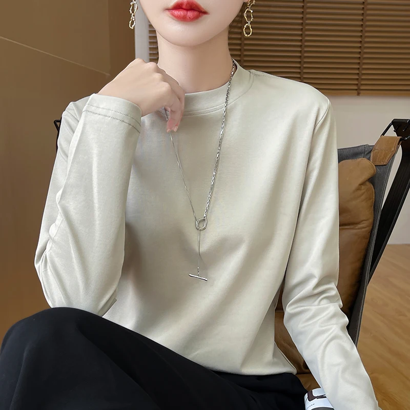 

Spring and Autumn Half-high-necked Women's Long-Sleeved T-shirt 100% Cotton New Bottoming Shirt Loose Outside