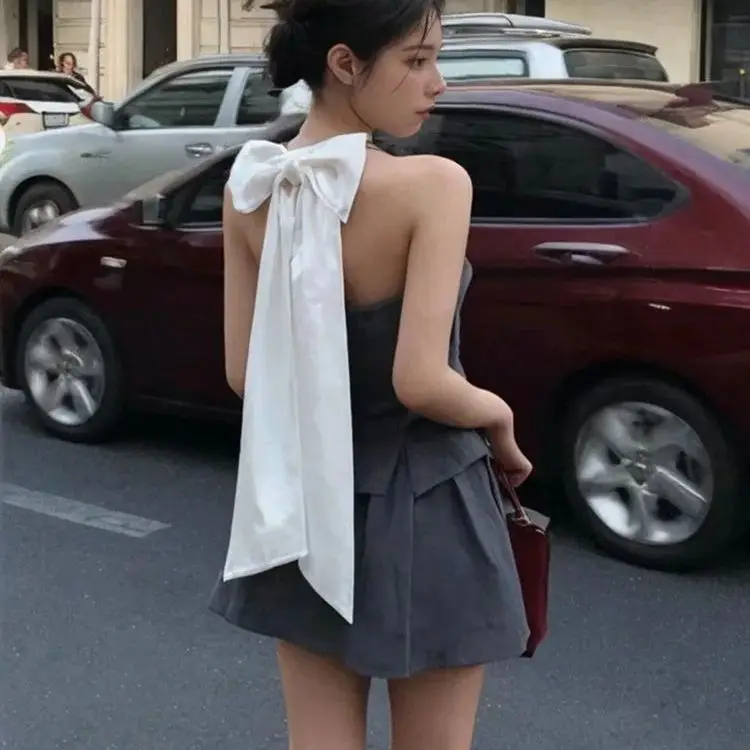 Two-Piece Suit Bow Patchwork Backless Sexy 2024 Spring New Streetwear Contrast Color  Camisole Women + Pleated A-Line Skirt