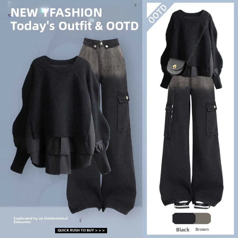 

Faionable Autumnal Slim Fit Women's Two-Piece Set with round Ne Long Sve Overhead Sweater And High Waist Casual Pants