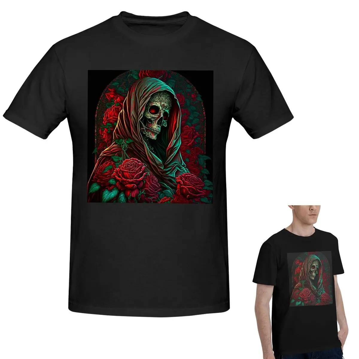 

100% Cotton Forest Roses Santa Muerte T-Shirt Men's Classic Oversized T Shirt Men Round Neck Summer Shirts Tops S-6XL
