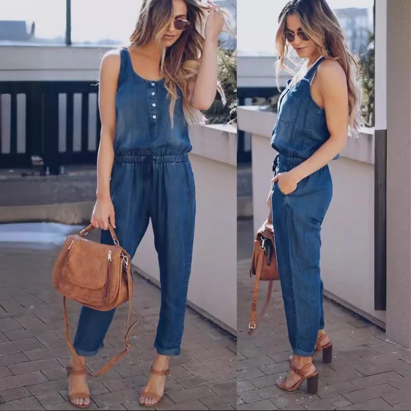 Sleeveless Denim Rompers Women\'s Jumpsuit  Autumn Spring Casual One Piece Overalls Streetwear Jeans