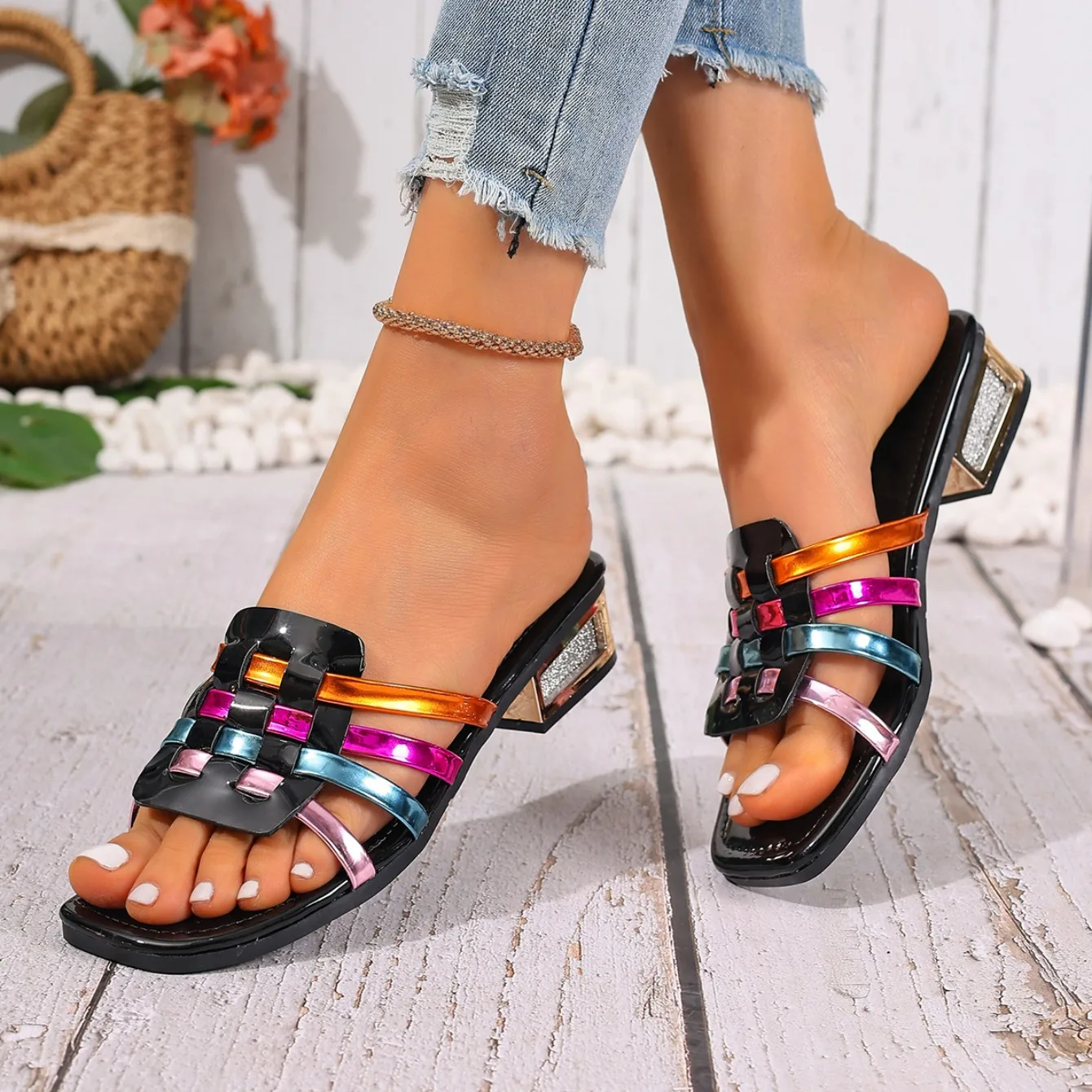 2026 New Large Size Colorful Woven Casual Flat Bottom Slipper Women Toe Exposed Fashionable All-Match High Heel_vogvips.com