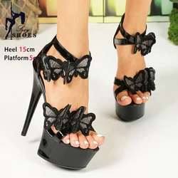 2024 New Embroidery Butterfly Thick Sole High Heels 15CM Stage Show Model Sandals EuropeAnd America Style Summer Shoes For Women