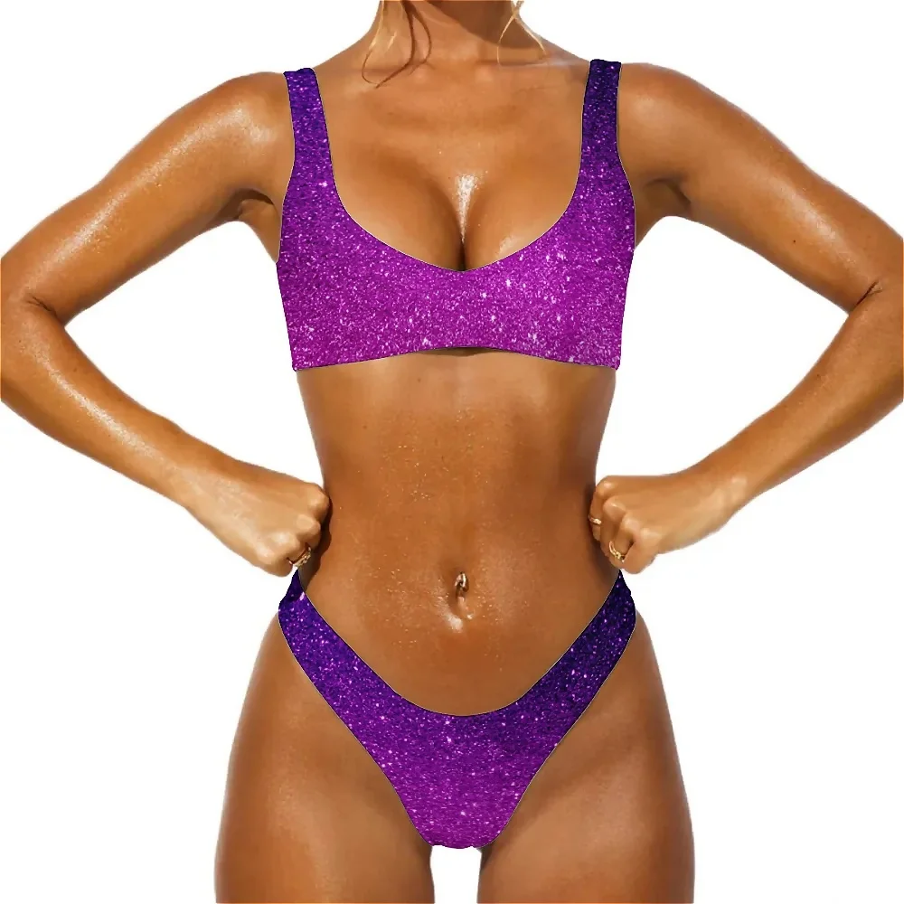 Seksowne Bikini zestaw fioletowe Ombre stringi strój kąpielowy Bikini w kratkę Push Up modna sportowe stroje kąpielowe surfingowa wysokie cięcie