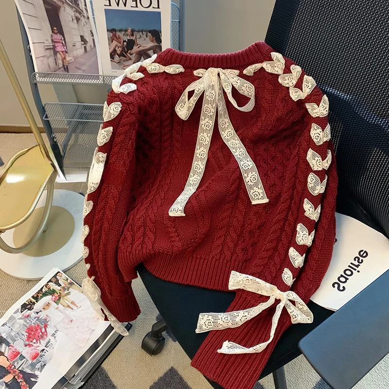 Lace-up Knitted Pullovers Women Red Sweet Warm Sweater Baggy Soft Autumn Winter All-match Korean Fashion Students Свитер Женский