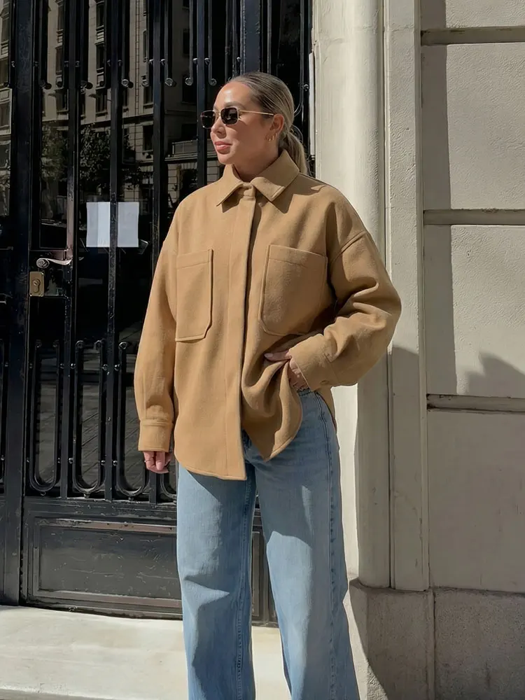 HH Damen Oversize-Kamelmantel Langarm-Jacken mit aufgesetzten Taschen für Herbst Winter Alltags-Freizeitoberbekleidung