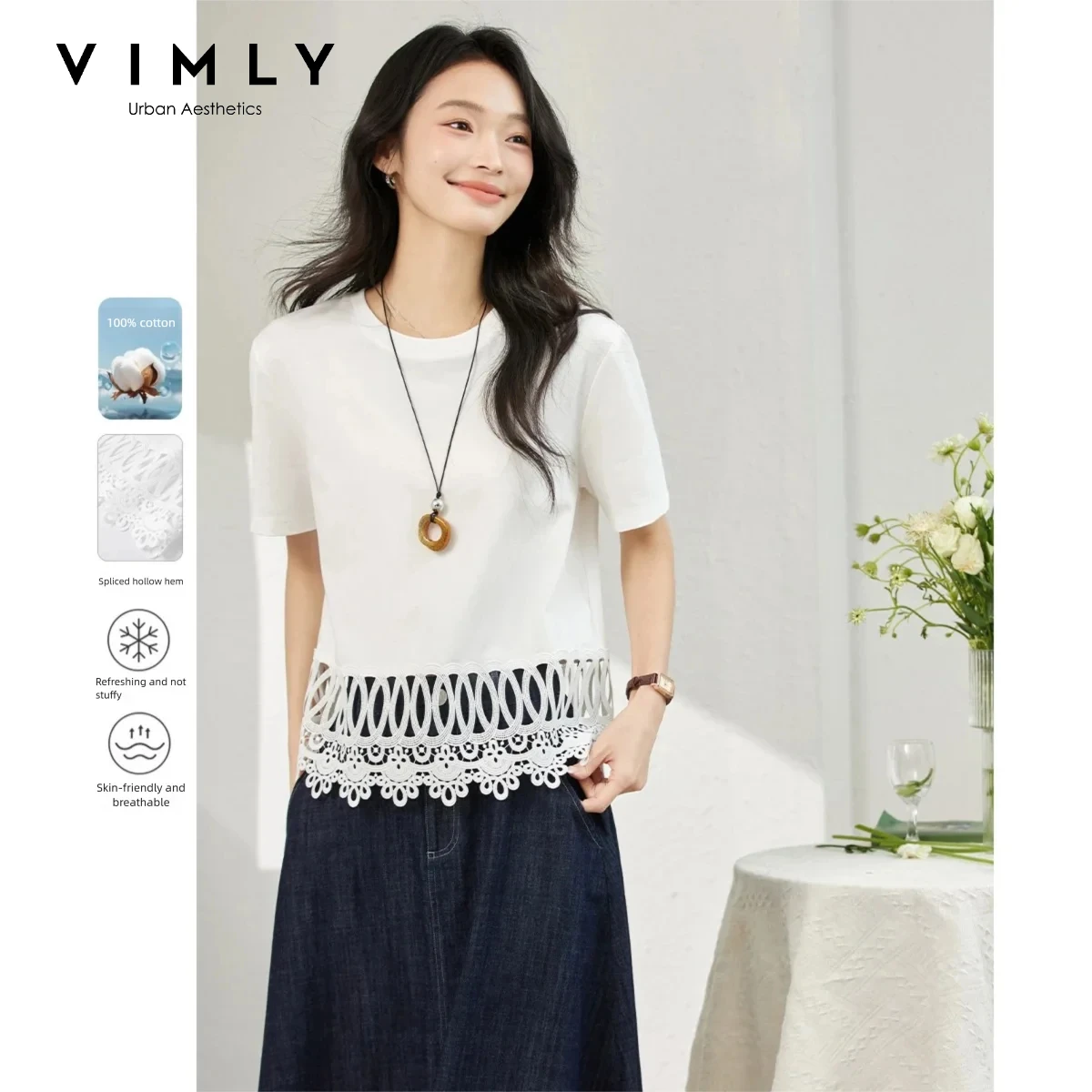 VIMLY White Cotton T-shirt with Hollow Lace Splicing for Women New Summer 2026 Short Sleeve Tees Fashion Casual Top Female A1938