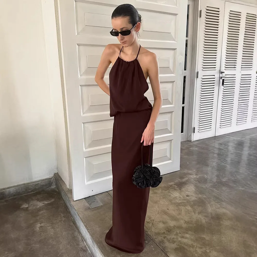 

Women's Two-Piece Set 2026 Summer European Imitation Acetate Sexy Open Back Tie Hanging Neck Strap Top Straight Skirt Outfit