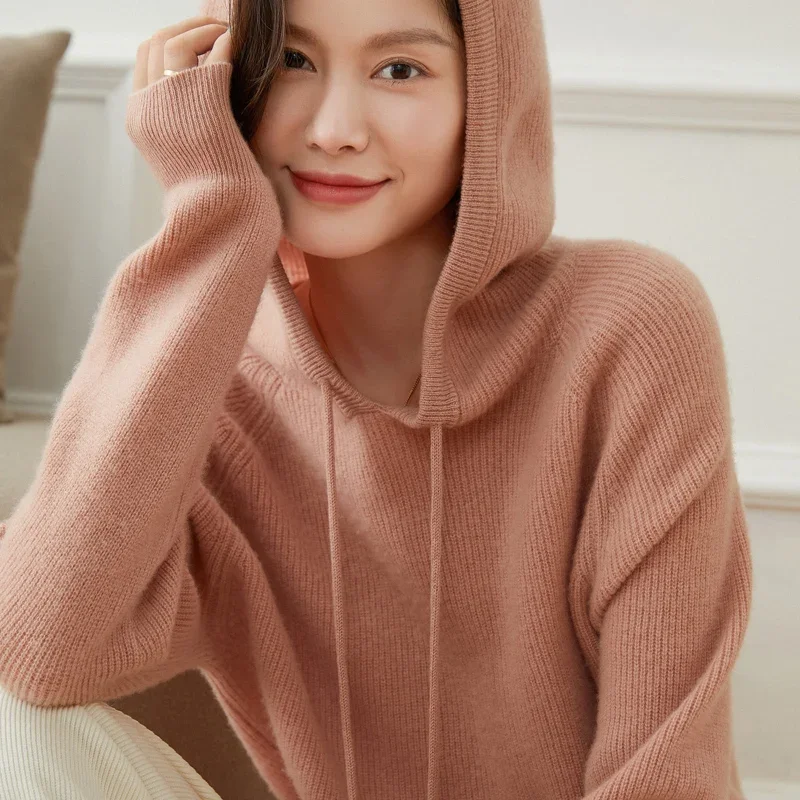 2023 Spring Autumn New Womens 100% Cashmere Sweater Fashion 6 Colors Female Knitted Hooded Pullover Loose Soft Knit Classic