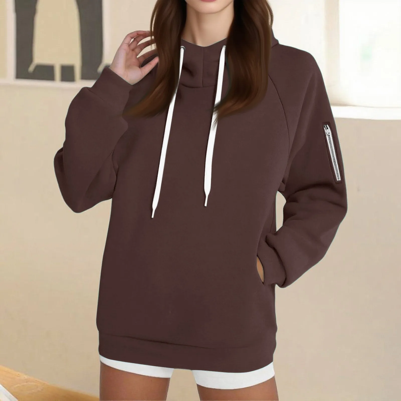 Sweater Hoodie Wanita Oversize Lengan Panjang Resleting Tali Serut Warna Solid Sudaderas De Mujer Pakaian Wanita 2025