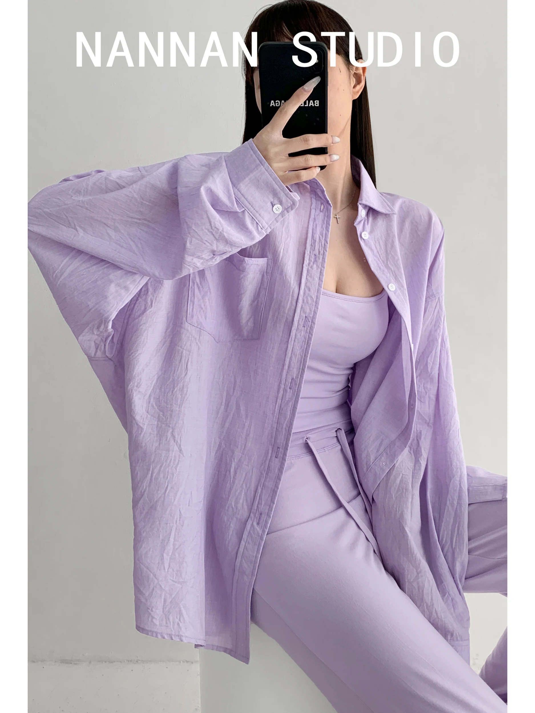 

Loose Women's Cardigan Spring Autumn Casual Mid-Length Sunscreen Big irt Lazy Aosphere Sensation Hip Covering Open-Collar