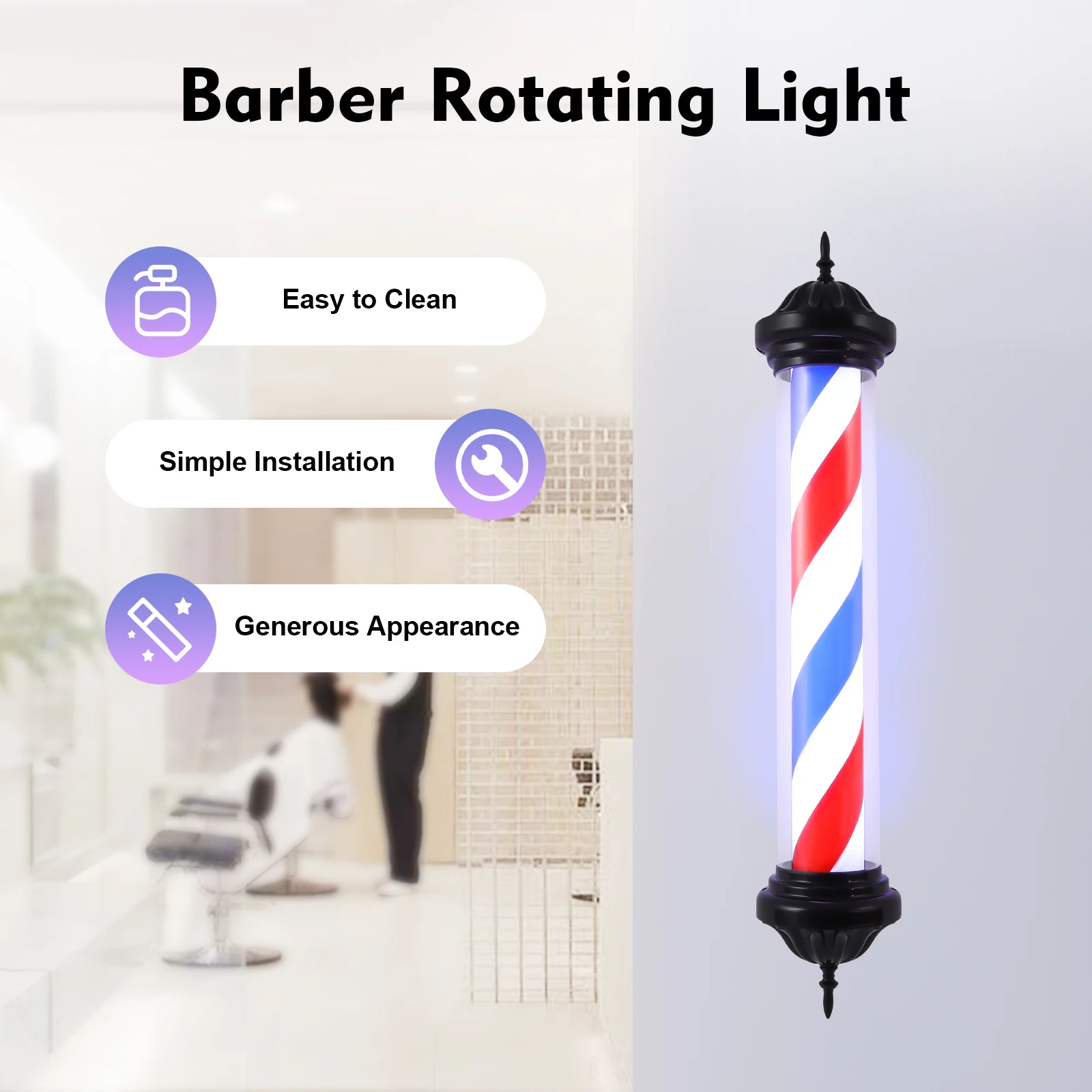 Barber Pole LED Light, Hair Salon Barber Shop Open Sign, Wall Mounted Rotating Red White Blue Spinning Strips Sign