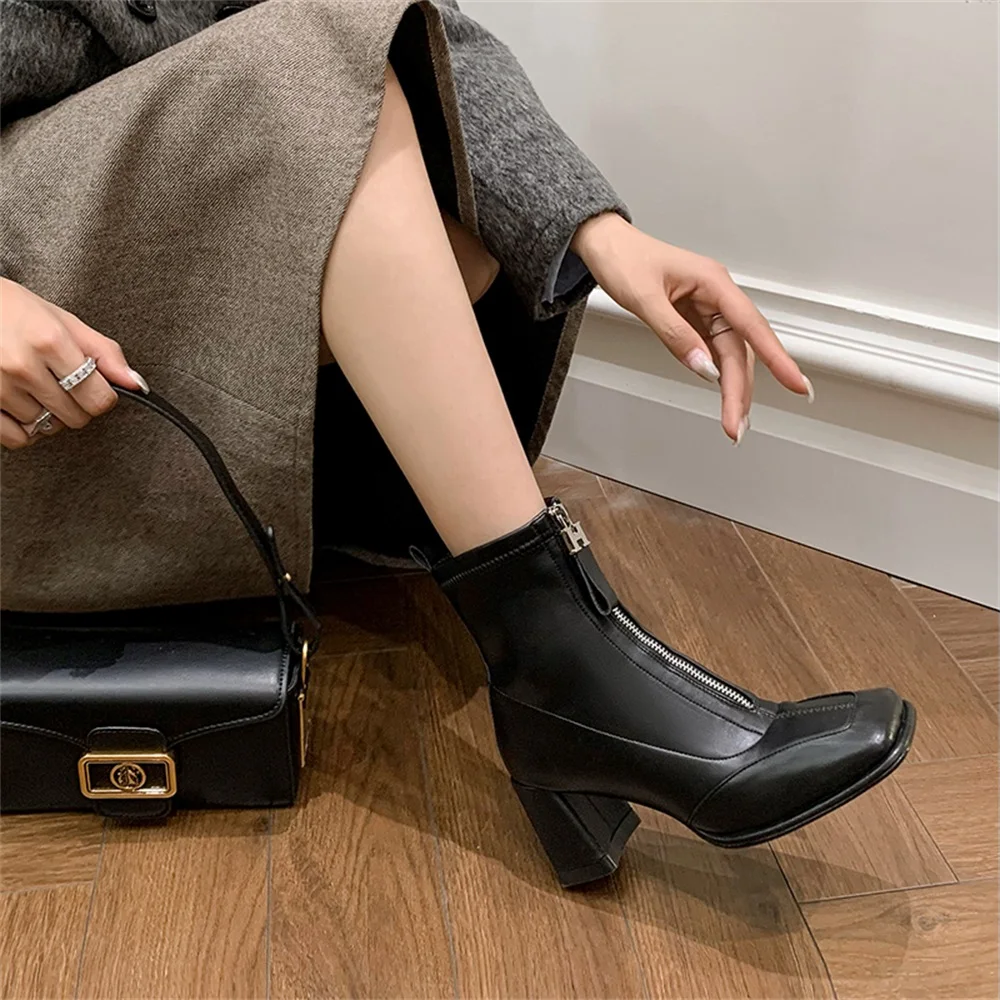 Taoffen Big Size 36-42 Women Ankle Boots Fashion Square Toe With Zipper Thick Heels Autumn Winter Boots Daily Office Short Boots