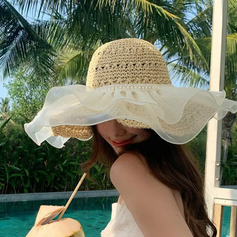 COKK Summer Hats For Women Straw Woven Beach Hat Lace Brim Fisherman Cap Sunshade Sunscreen Sun Hat Female Seaside