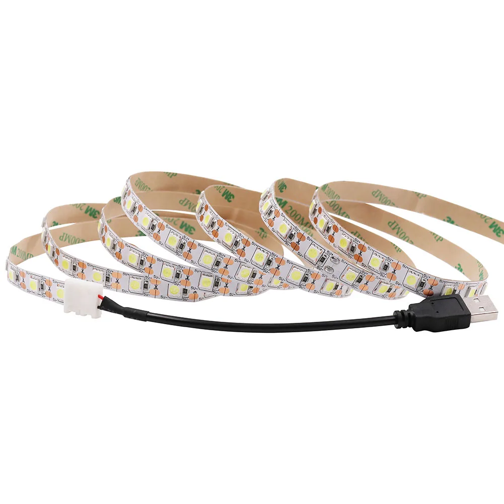 5V USB LED Strip 5050 Cold white/Warm white TV Background Lighting 60LEDs/m USB Clip Connector 30cm 50cm 1m 2m 3m 4m 5m Set.