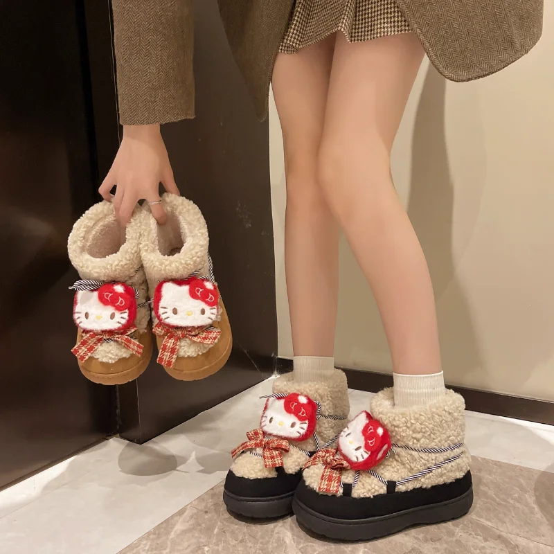 Sanrio winter Hello Kitty cute warm home women's shoes cartoon non-slip thick-soled outdoor wear casual plush cotton boots