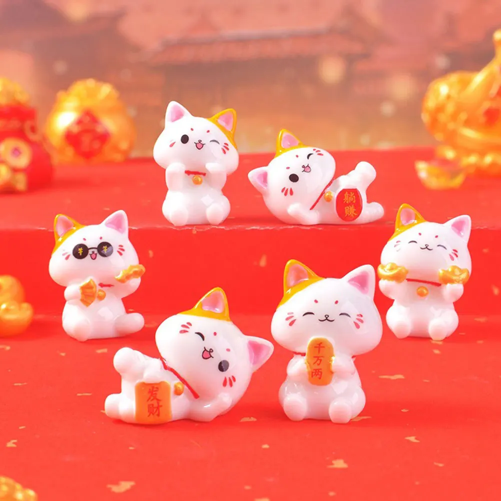 

6pcs Miniature Lucky Cat Resin Wealth Cat For Micro Landscape Garden Decor Desktop Ornament Asian Waving Arm Kawaii Mini Statue