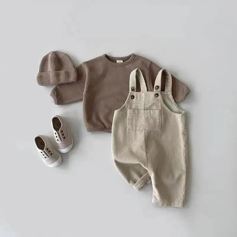 2024 Newborn Girl Solid Color Suspender Pants Corduroy Autumn Toddler Boy Strap Pants Versatile Children Clothing 1-3 Years