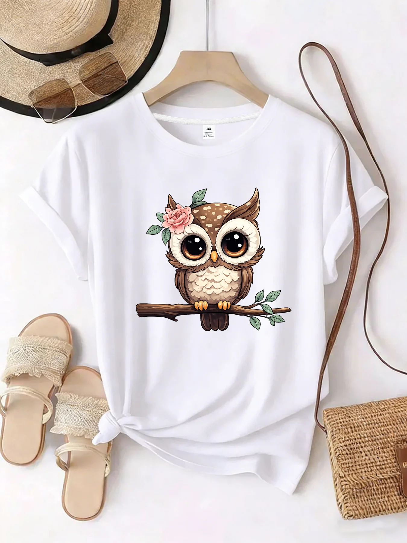 

【WZM101302】Owl print plus size women's round neck summer casual short sleeved street fashion versatile plus size T-shirt