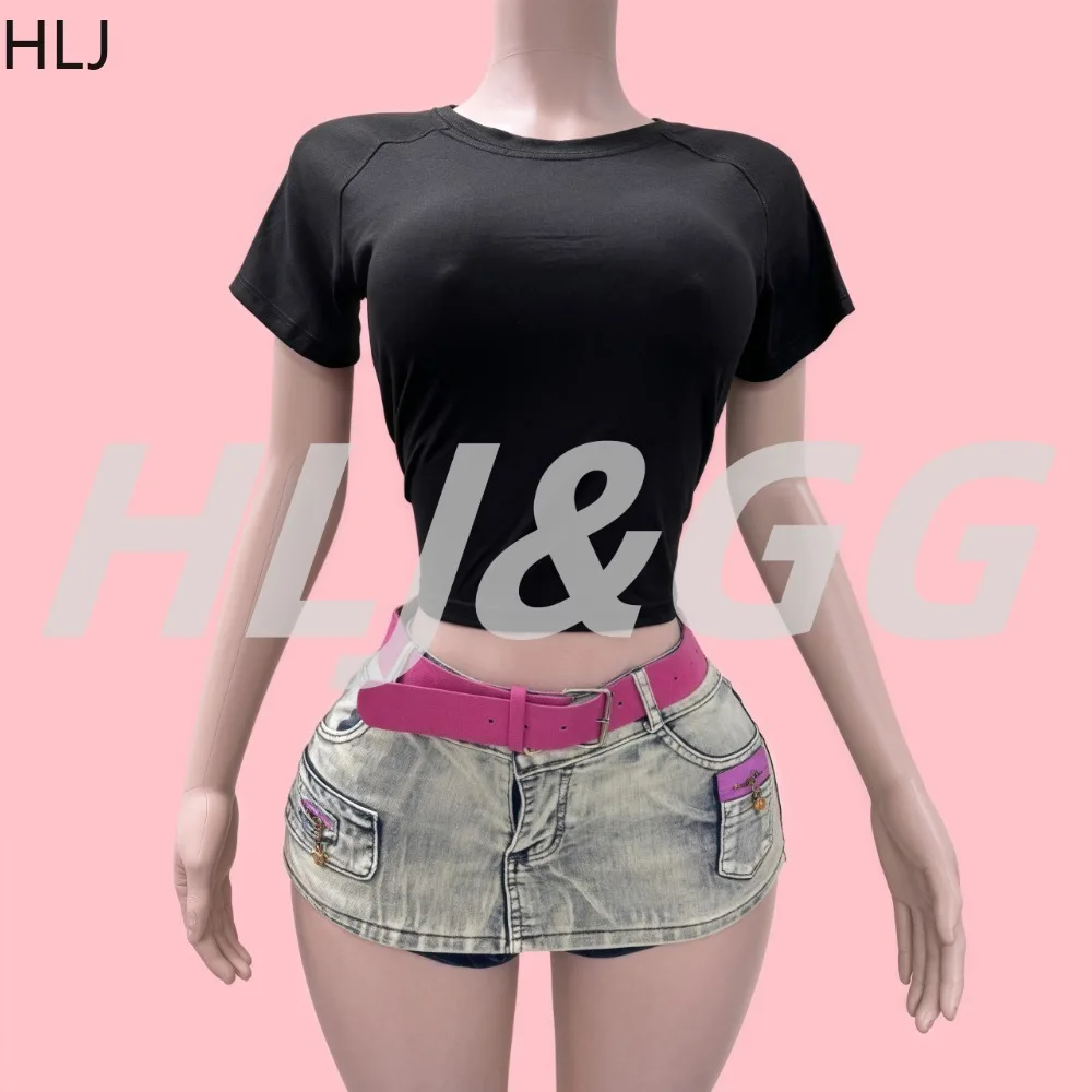 

HLJ Y2K Fashion 2 Piece Sets Woman Outfit Solid Short Sleeve Crop Top + Denim Skirt Suits Female Streetwear Clothing Spring New