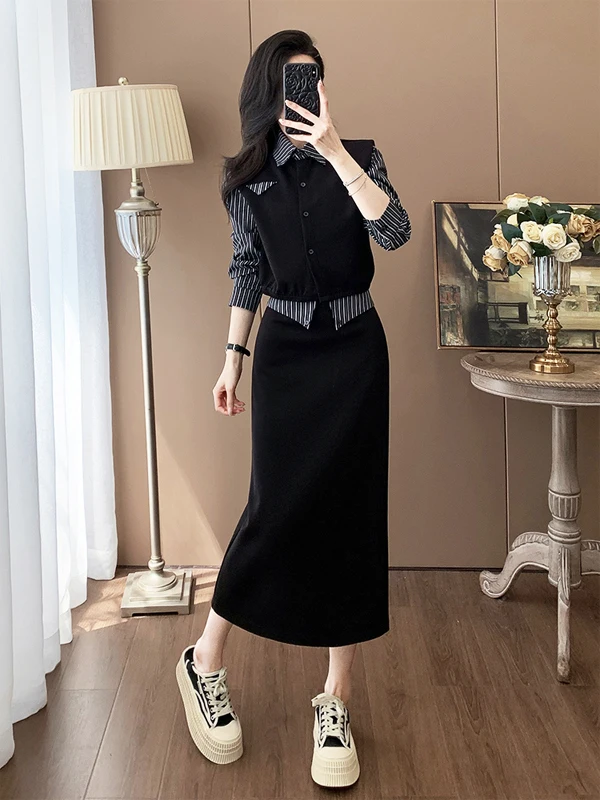 

Весенний комплект 2026: модный повседневный спортивный костюм с юбкой для женщин, лоскутный дизайн, премиум-класс, комплект из двух предметов