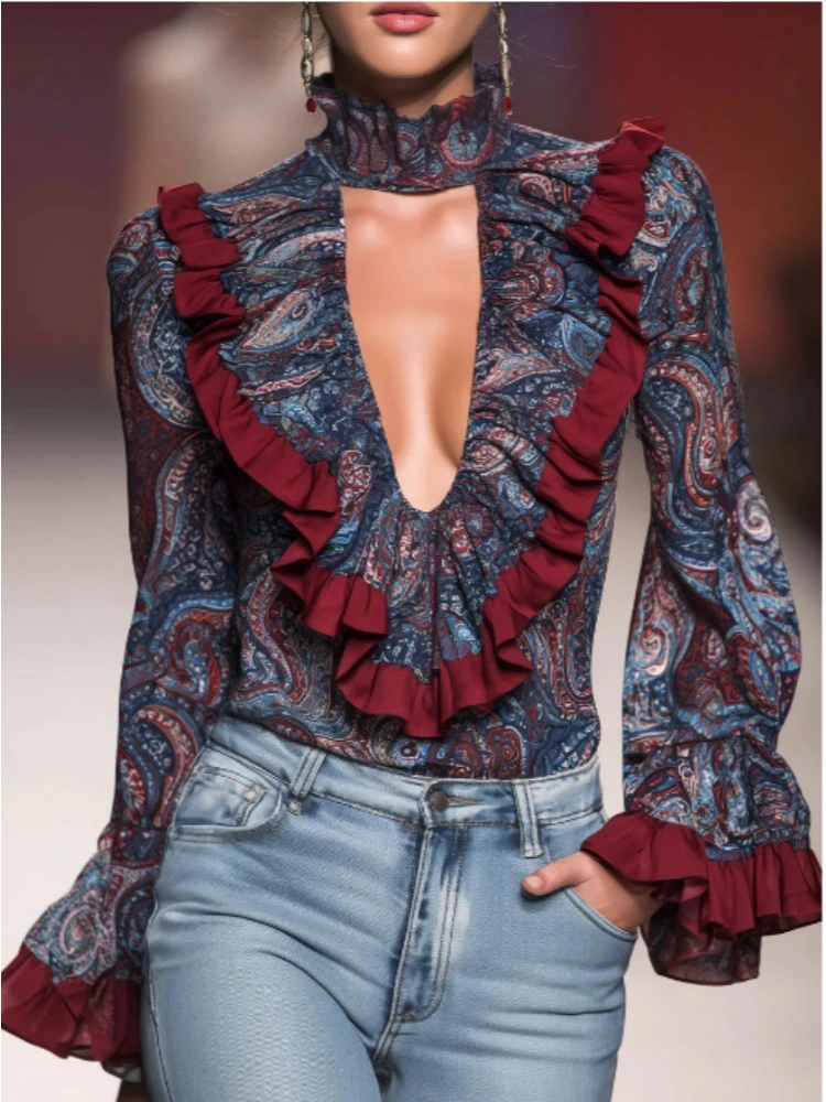 

Women Elegant Chiffon Blouse Paisley Print Ruffle Stand Collar Hollow-out Flare Sleeve Vintage Casual Gothic Tops Chic Shirt