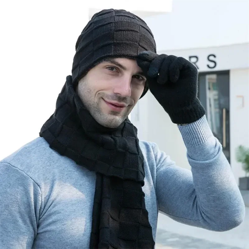 Men Knitted Long Scarf Hat Gloves 3 Piece Set Man 2019 Winter Warm Plush Protection Ear Cap Scarves And Touchscreen Gloves