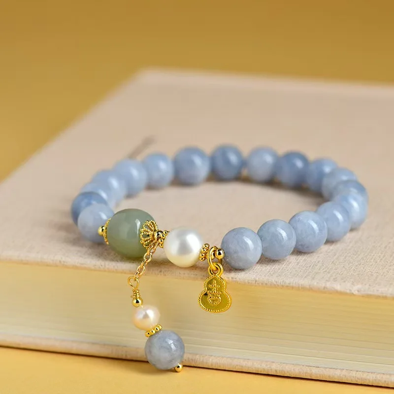 Natural Aquamarine Bracelet for Women with Pearl, Lucky Character Gourd Pendant, Minimalist & Indie Design, New Chinese Style