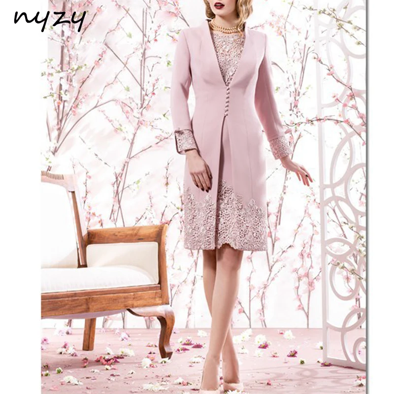 NYZY M19 Satin 3/4 Sleeves Lace Mother of the Bride Groom Dresses with Jacket Pink Church Suits Party Cocktail Birthday Gown