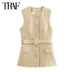 TRAF Tweed Vests Women's 2024 Autumn Sleevless Belt  Waistcoat Outerwears Ladies Fashion Elegant Office Button Up Tank Vests