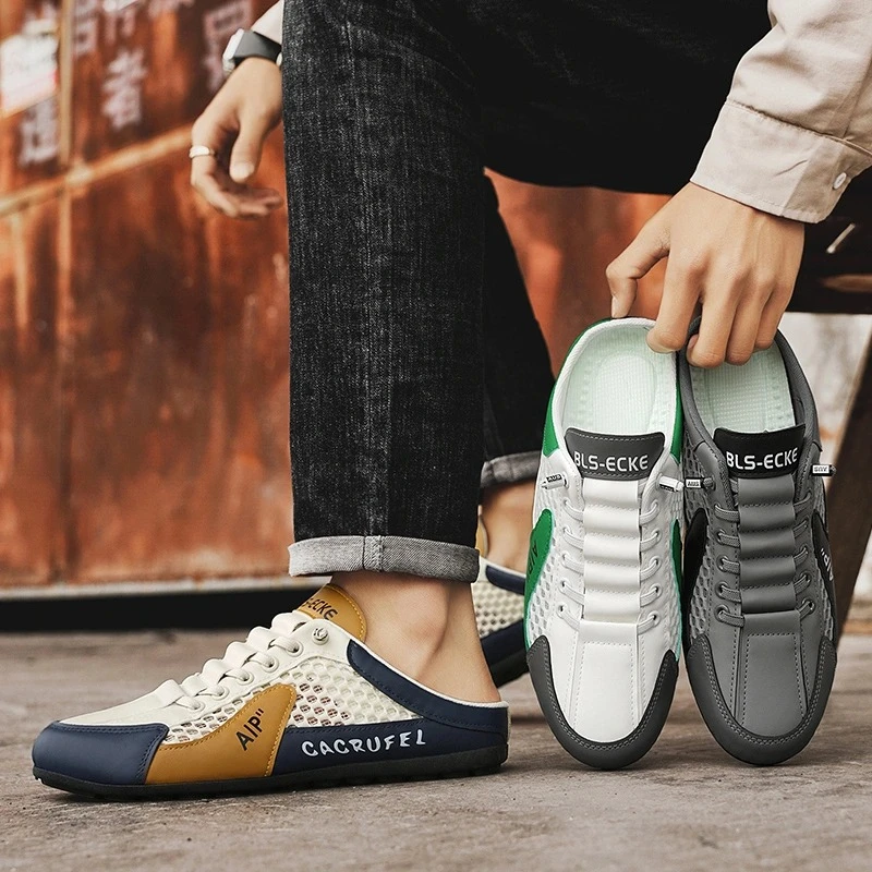 Neue Herren Atmungsaktive Mesh Outdoor Slipper Sommer Weiche Sohle Casual Bean Schuhe Halb-Slip-On Trendige Vielseitige Low-Top Sneakers