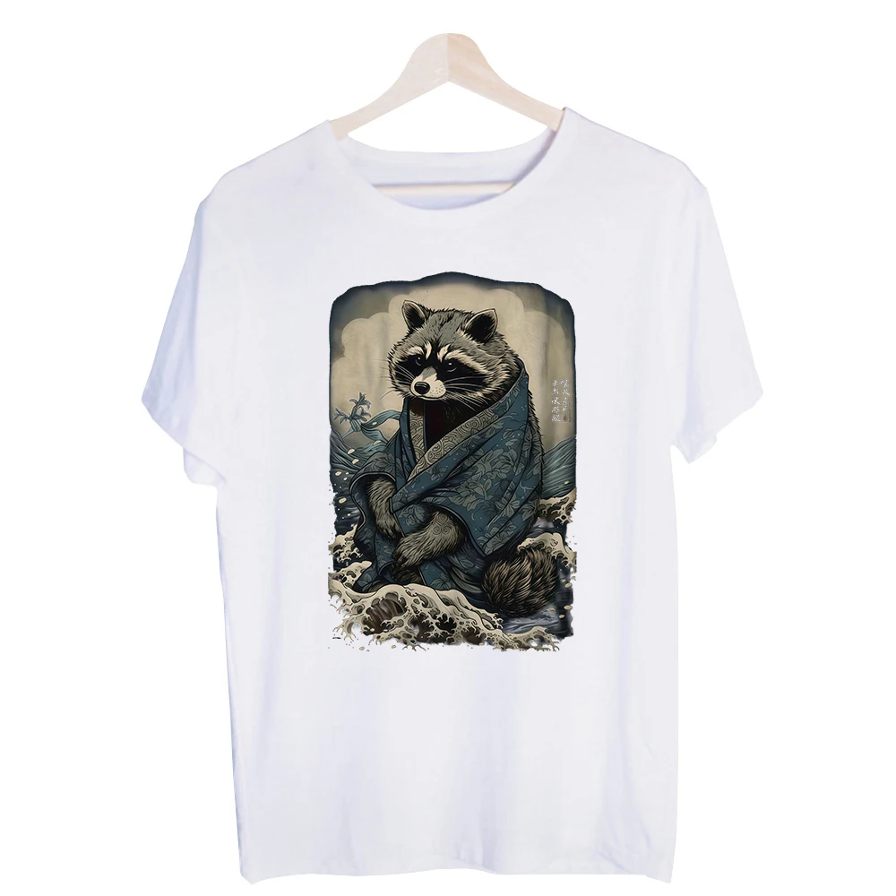 Men's Raccoon in Kimono Graphic Tee, Short Sleeve Crew Neck T-Shirt for Japanese Art Inspired Casual Streetwear