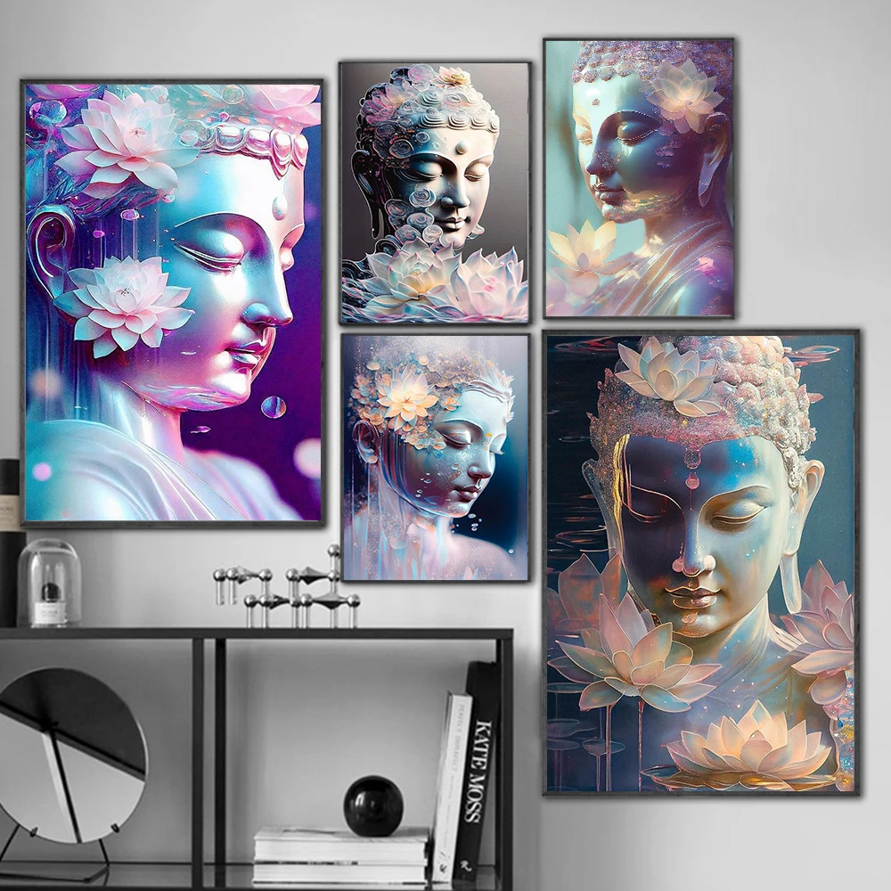 

Buddhist Buddha Statue Poster Prints For Living Room Home Decor Abstract Sakyamuni And Flower Canvas Painting Wall Art Cuadros