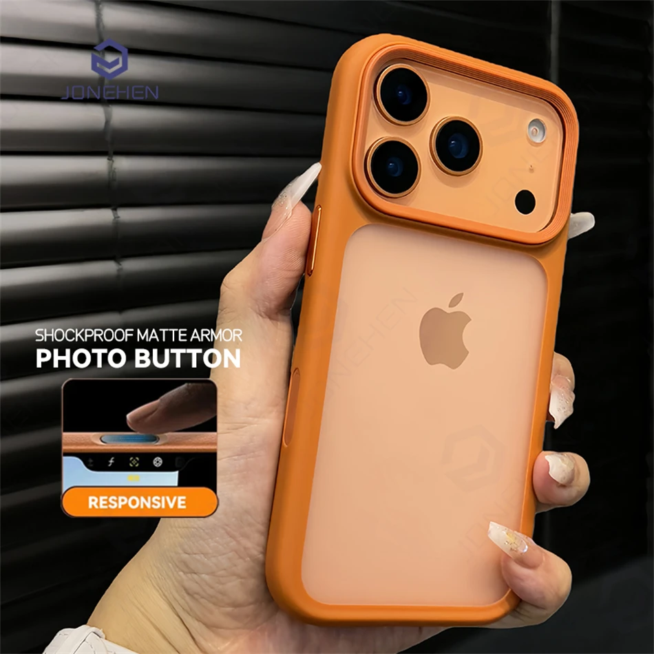 حافظة برتقالية بزر تحكم الكاميرا لهاتف آيفون اير 17 برو ماكس 17 برو رفيعة غير لامعة شفافة إطار مقاوم للصدمات غطاء مدرع Fundas