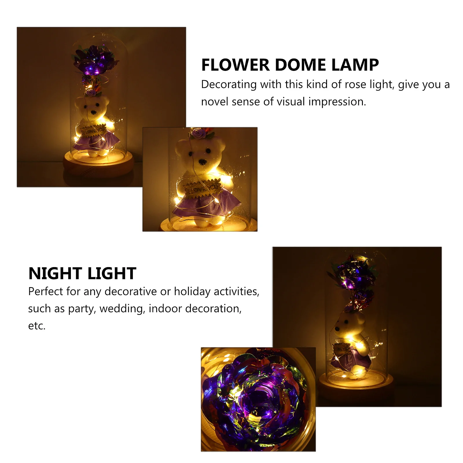 

1Pcs Simulation LED Light Desktop Ornament for Valentines Day Home Office Decor Rose Dome Lamp LED Flower Light