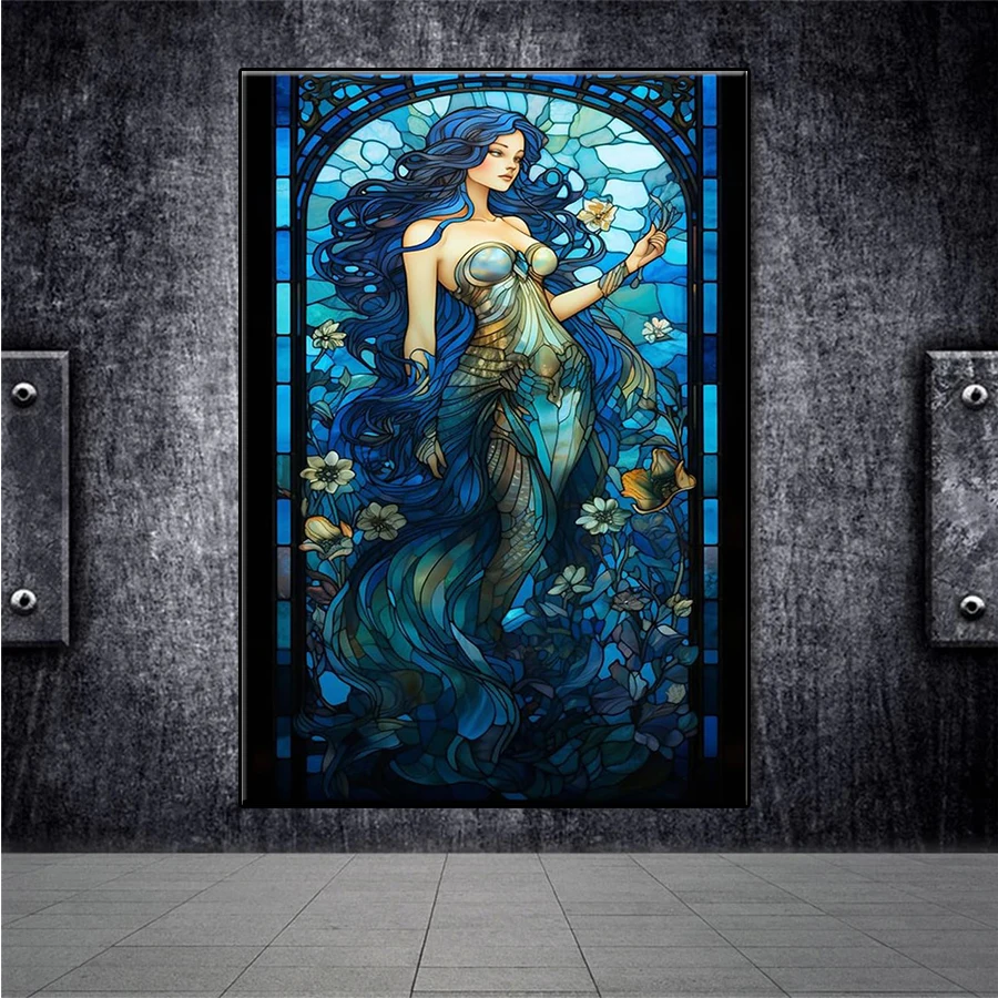 Diamond Painting Abstract Art Colored Glass Mermaid Full Drill Square DIY Diamond Embroidery Mosaic Round Home Decor