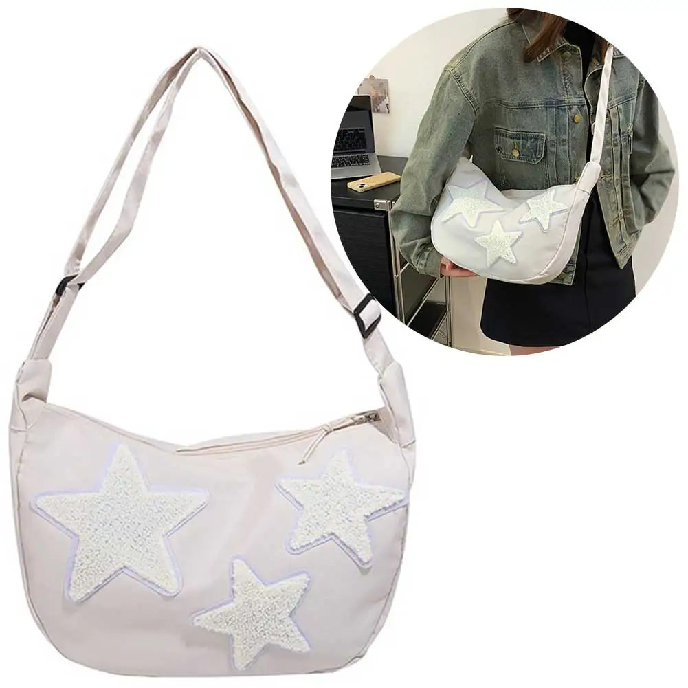 Women Canvas Messenger Bag Adjustable Strap Star Shoulder Bag Casual Pentagram Satchel Bag Zipper Tote Bag Slouchy Travel Bag