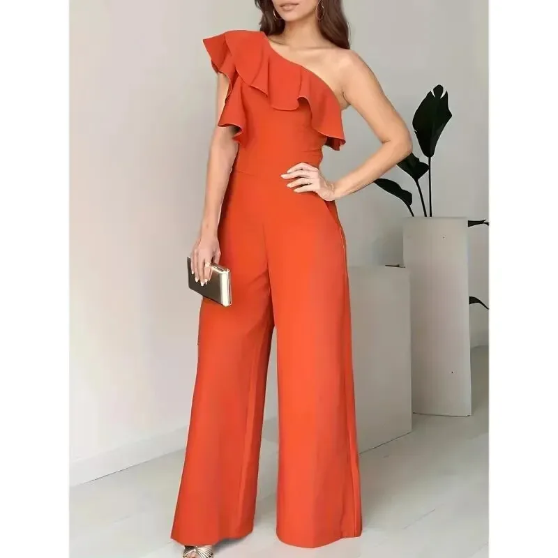 Elegancki macacão z wysokim stanem, szerokimi nogawkami i koronkowym wykończeniem, prosty krój, pojedyncze ramię dla kobiet, marka